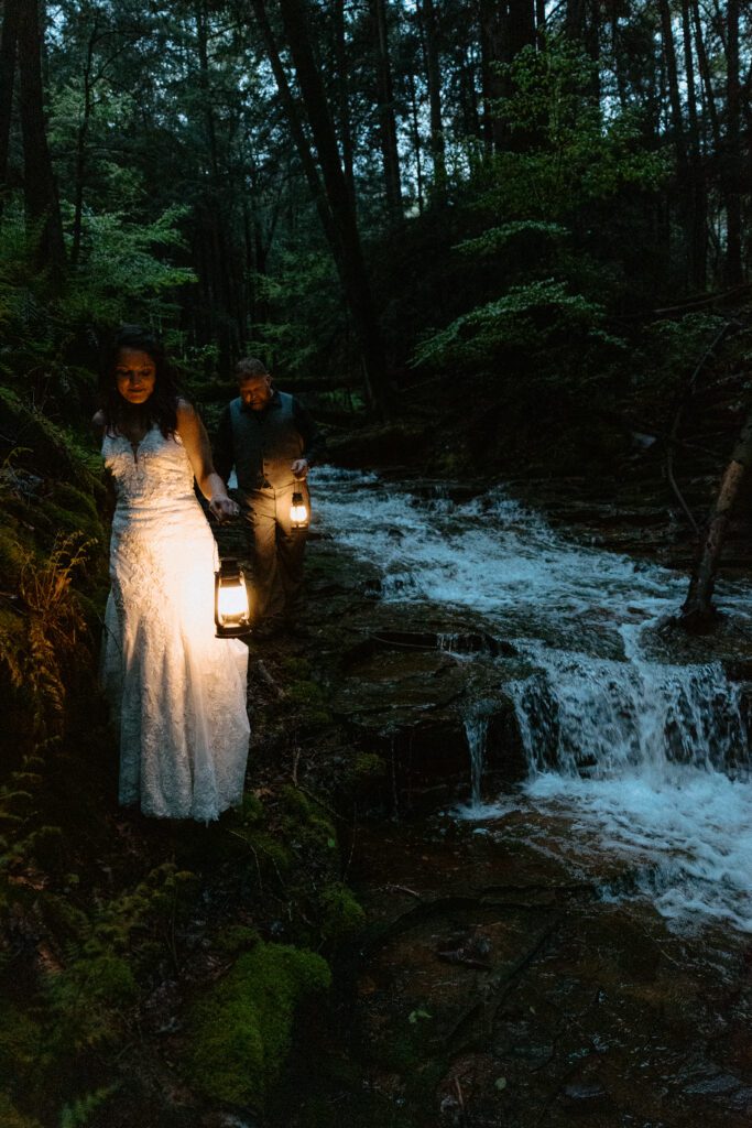 Blue hour hiking elopement with lanterns. Photography by Rock & Wander Photo Co.