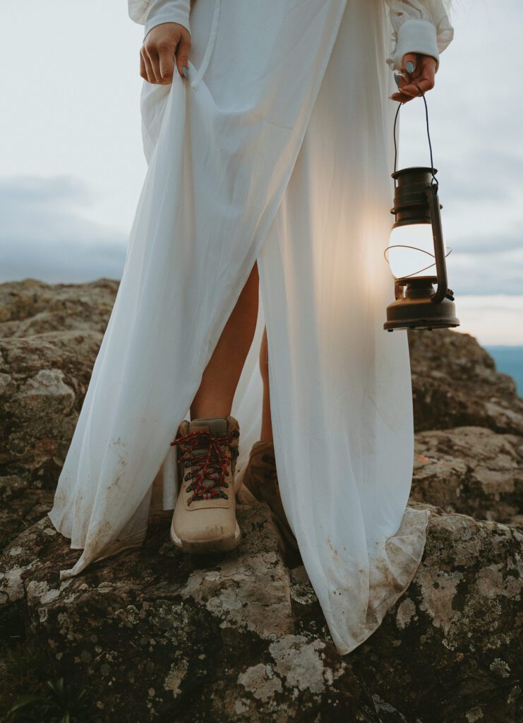 Bride with hiking boots on during her elopement in Shenandoah.